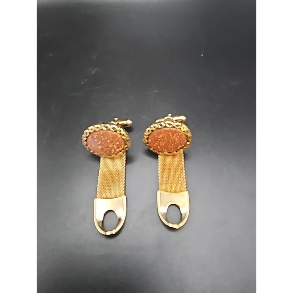 Vintage Oval Gemstone Goldstone Mesh Ornate Gold‎ Plated Wrap Around Cuff Links